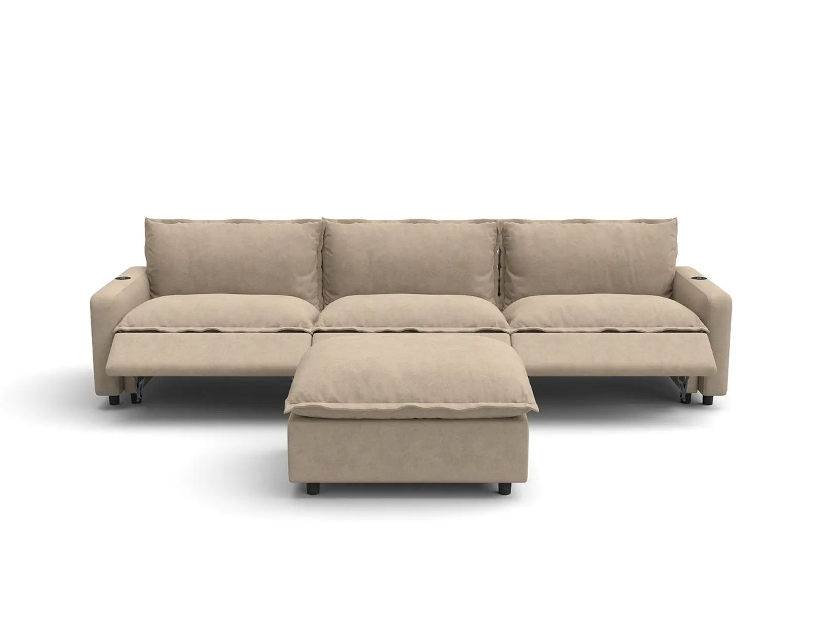 Modular Cero Reclining Sectionals | 4-Piece Khaki Linen Home Living Chaise Sectionals 3-Seater with 1-Ottoman