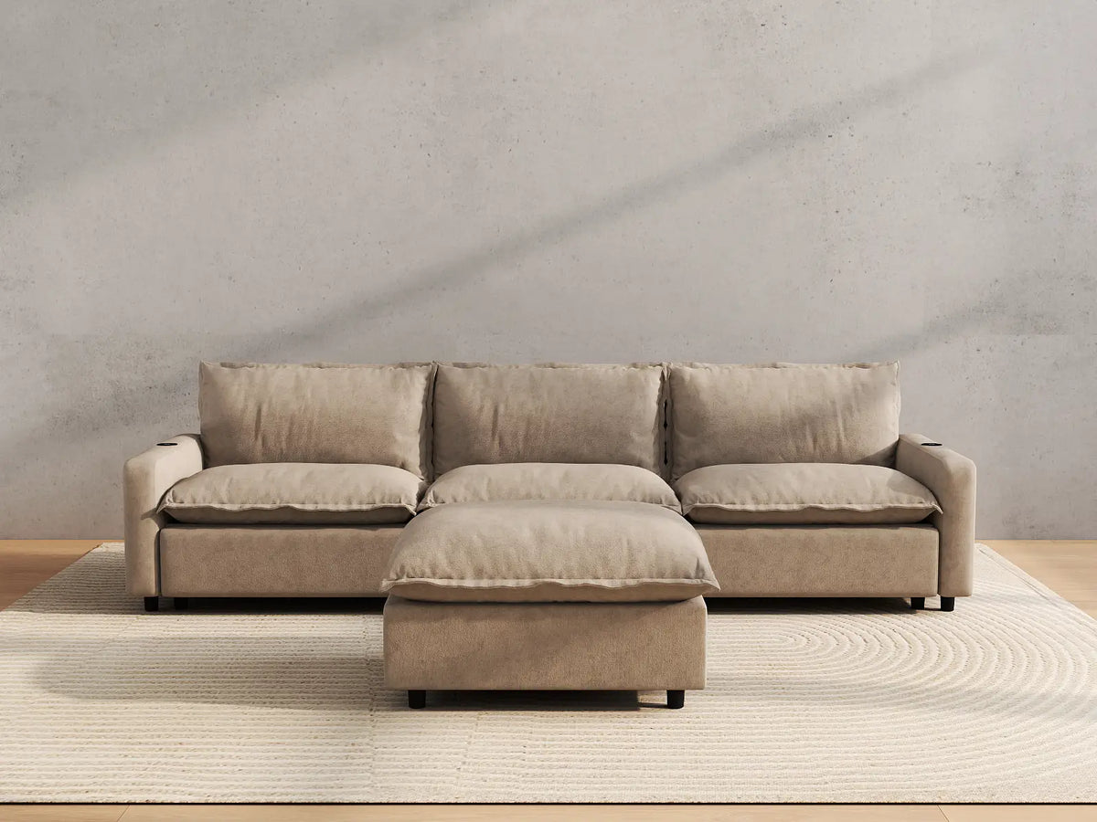 Modular Cero Reclining Sectionals | 4-Piece Khaki Linen Home Living Chaise Sectionals 3-Seater with 1-Ottoman