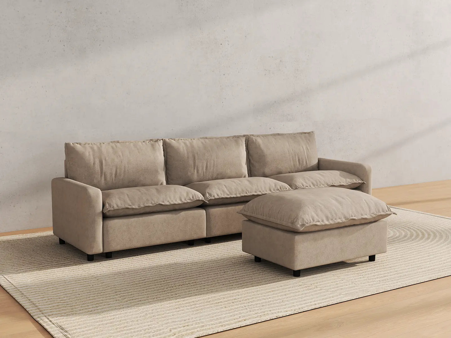 Modular Cero Modular Sectionals | 4-Piece Khaki Linen Home Living Chaise Sectionals 3-Seater with 1-Ottoman
