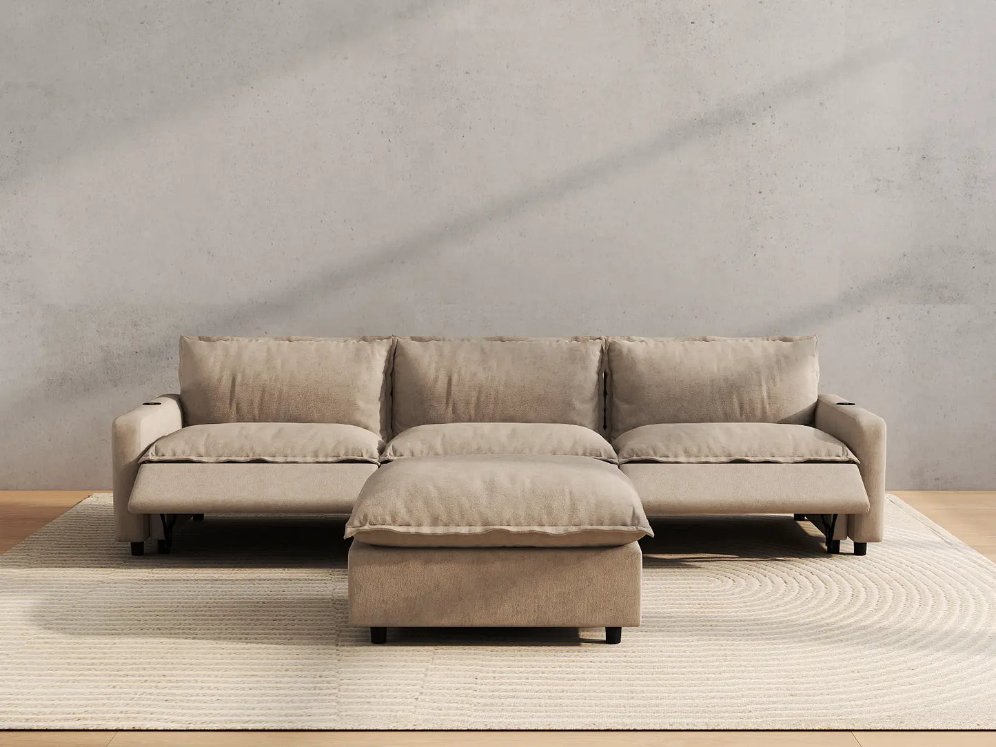 Modular Cero Reclining Sectionals | 4-Piece Khaki Linen Home Living Chaise Sectionals 3-Seater with 1-Ottoman