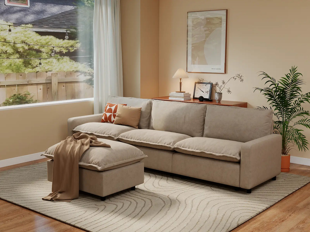 Modular Cero Modular Sectionals | 4-Piece Khaki Linen Home Living Chaise Sectionals 3-Seater with 1-Ottoman