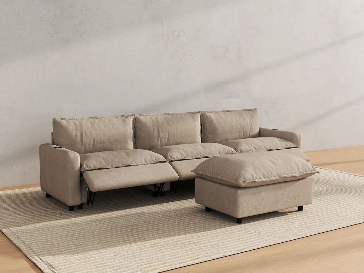Modular Cero Reclining Sectionals | 4-Piece Khaki Linen Home Living Chaise Sectionals 3-Seater with 1-Ottoman