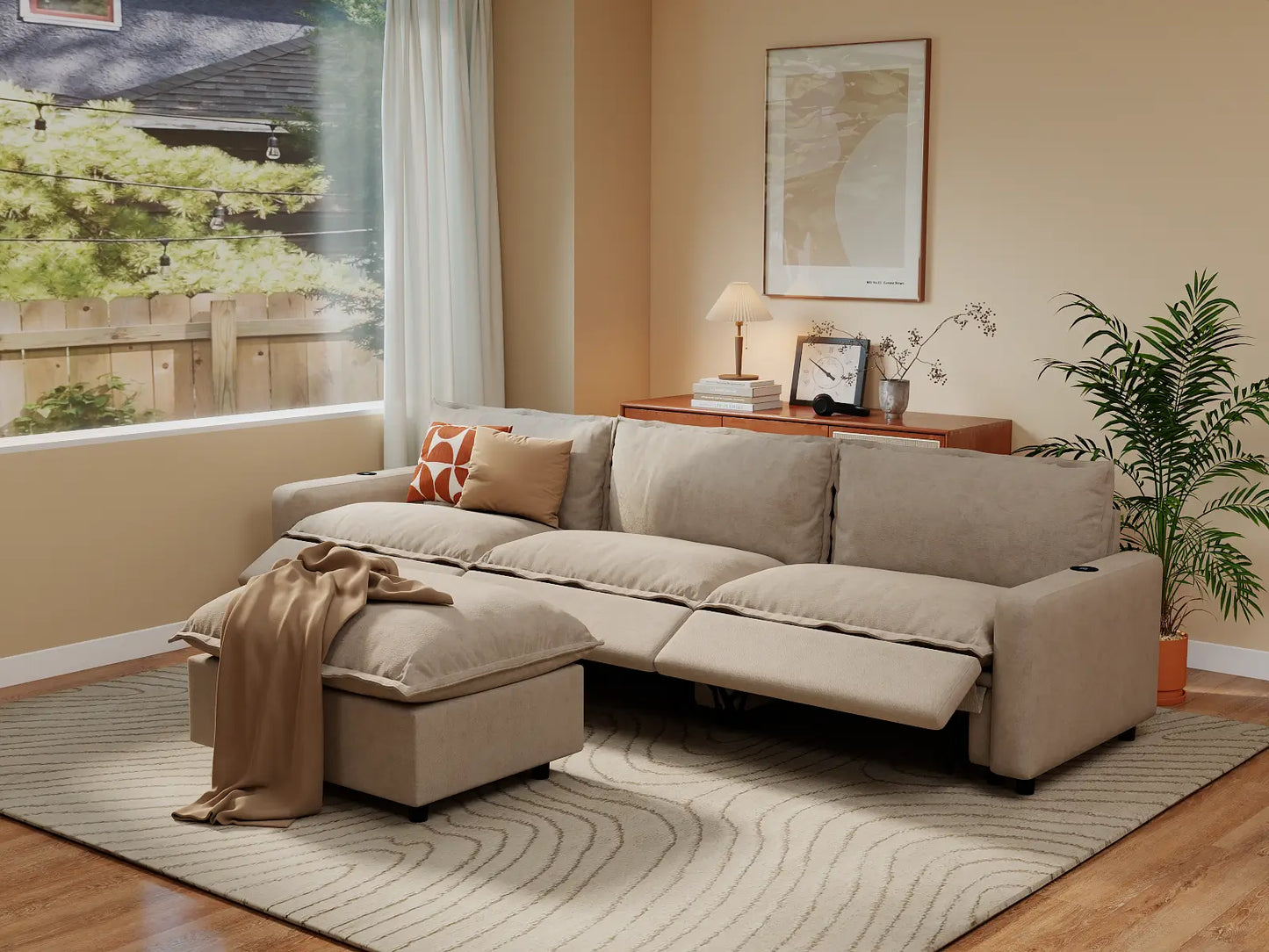 Modular Cero Reclining Sectionals | 4-Piece Khaki Linen Home Living Chaise Sectionals 3-Seater with 1-Ottoman