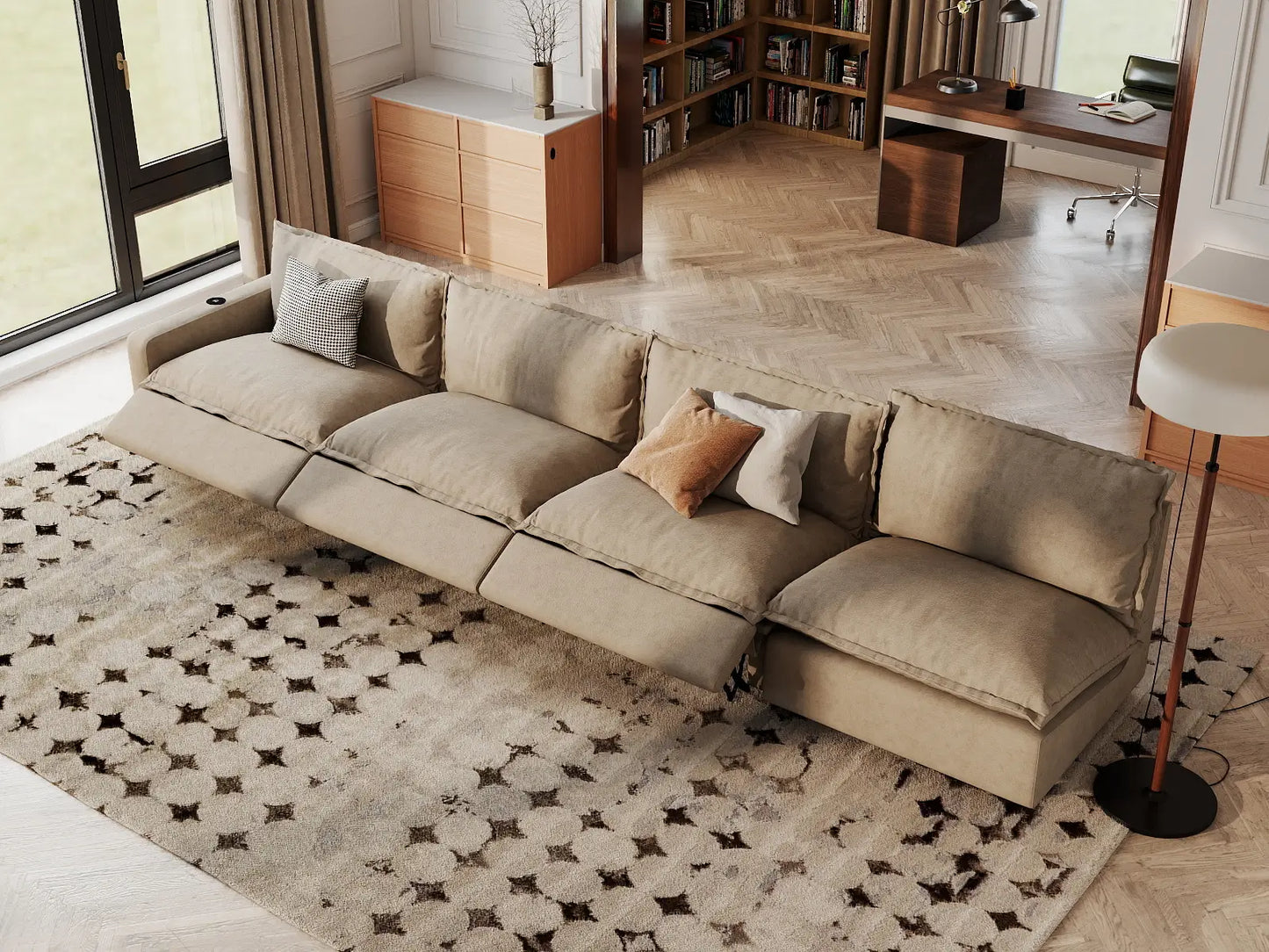 Modular Cero Reclining Sectionals | 4-Piece Khaki Linen Home Living Couch Sectionals 4-Seater