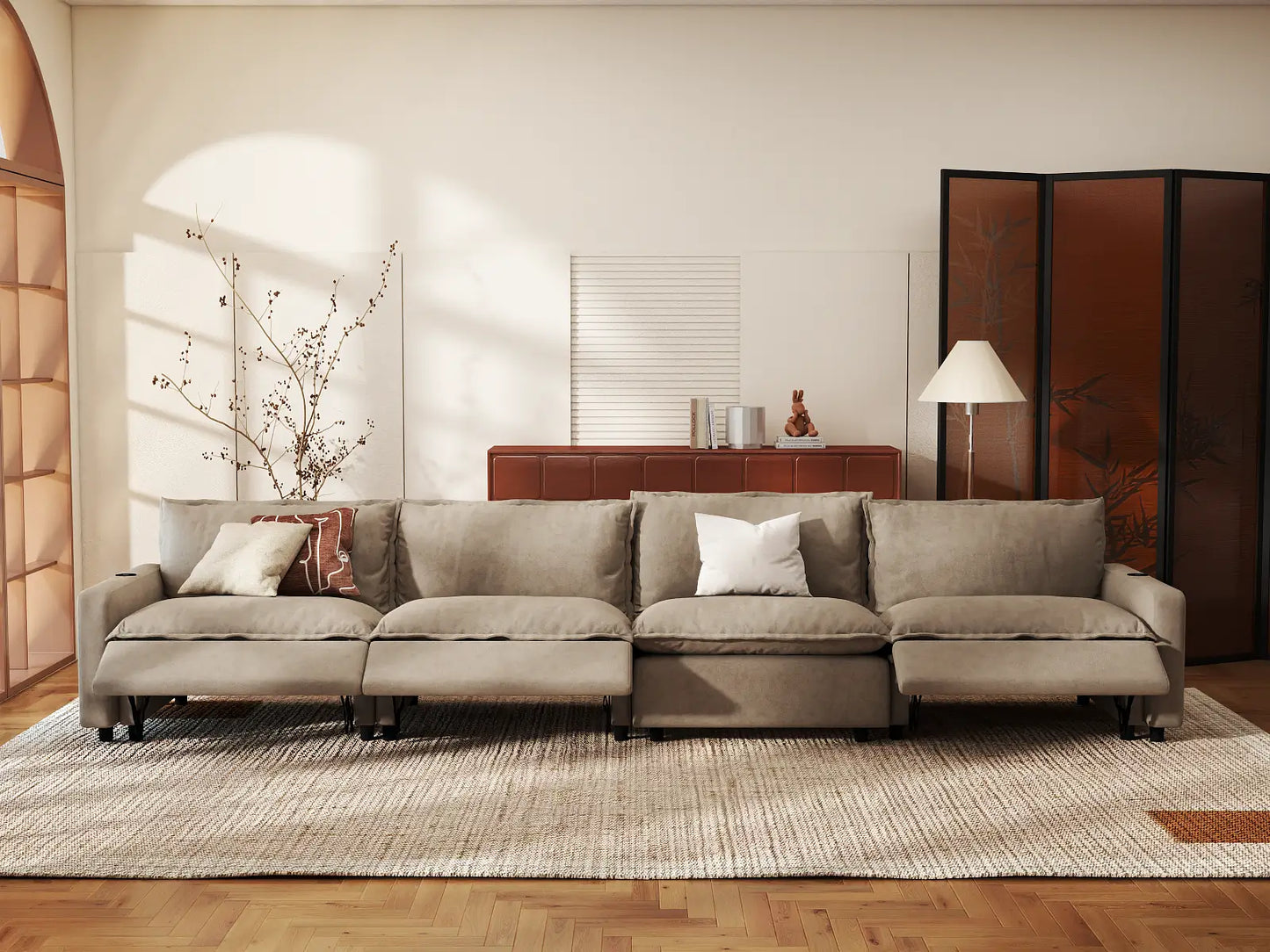 Modular Cero Reclining Sectionals | 4-Piece Khaki Linen Home Living Couch Sectionals 4-Seater