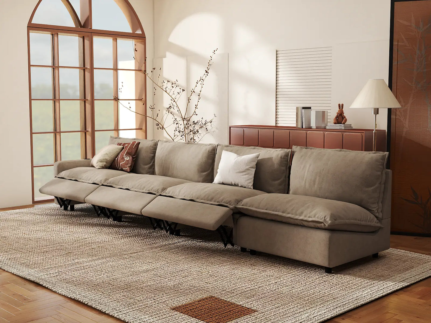 Modular Cero Reclining Sectionals | 4-Piece Khaki Linen Home Living Couch Sectionals 4-Seater