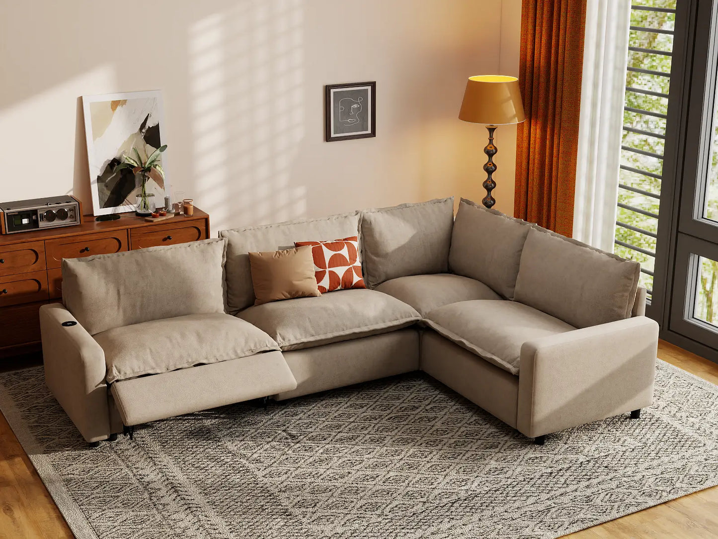 Modular Cero Reclining Sectionals | 4-Piece Khaki Linen Home Living L-Shaped Sectionals 4-Seater