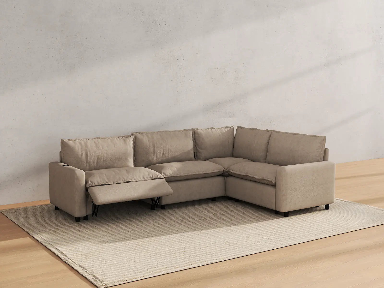 Modular Cero L Shaped Sectional with Recliner | 4-Piece Khaki Linen Home Living L-Shaped Sectionals 4-Seater