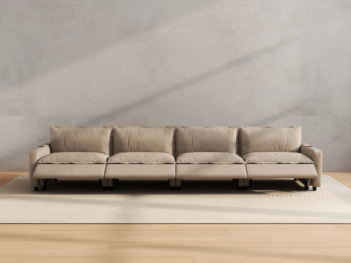 Modular Cero Reclining Sectionals | 4-Piece Khaki Linen Large Space Couch Sectionals 4-Seater