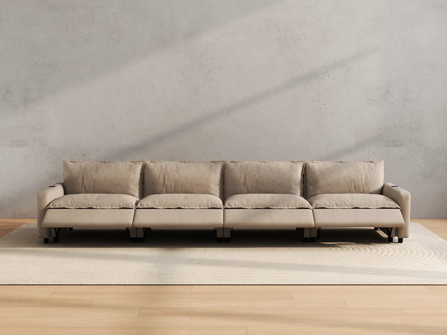 Modular Cero Reclining Sectionals | 4-Piece Khaki Linen Large Space Couch Sectionals 4-Seater