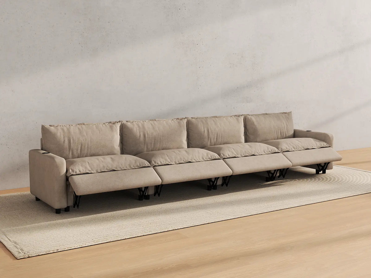 Modular Cero Reclining Sectionals | 4-Piece Khaki Linen Large Space Couch Sectionals 4-Seater