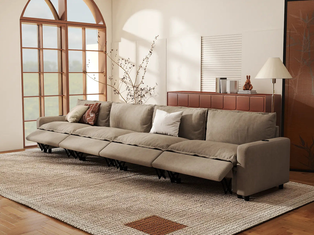 Modular Cero Reclining Sectionals | 4-Piece Khaki Linen Large Space Couch Sectionals 4-Seater