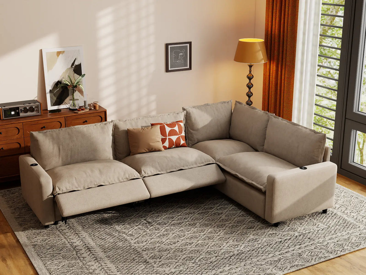 Modular Cero Reclining Sectionals | 4-Piece Khaki Linen Large Space L-Shaped Sectionals 4-Seater