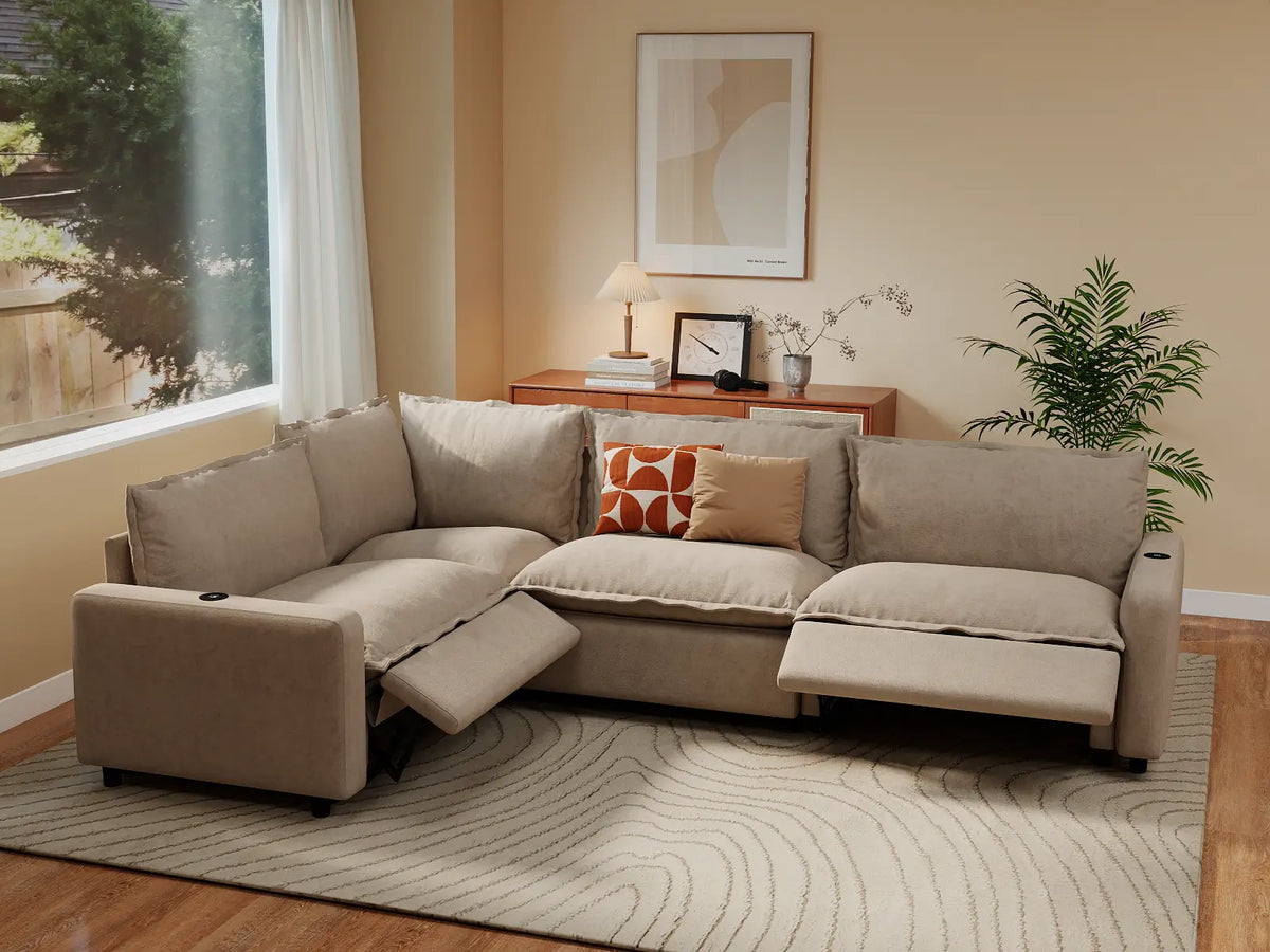Modular Cero Reclining Sectionals | 4-Piece Khaki Linen Large Space L-Shaped Sectionals 4-Seater