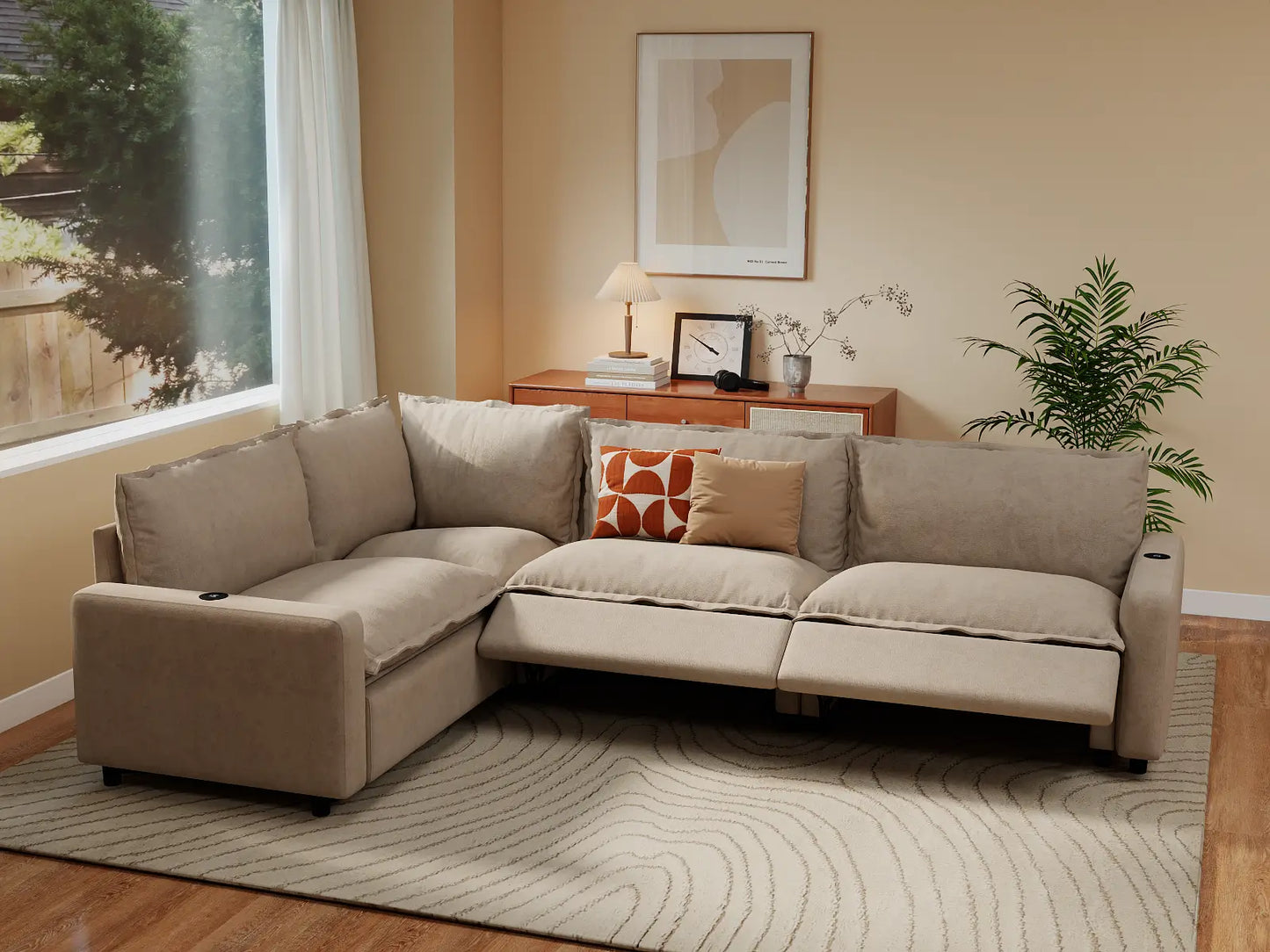Modular Cero Reclining Sectionals | 4-Piece Khaki Linen Large Space L-Shaped Sectionals 4-Seater