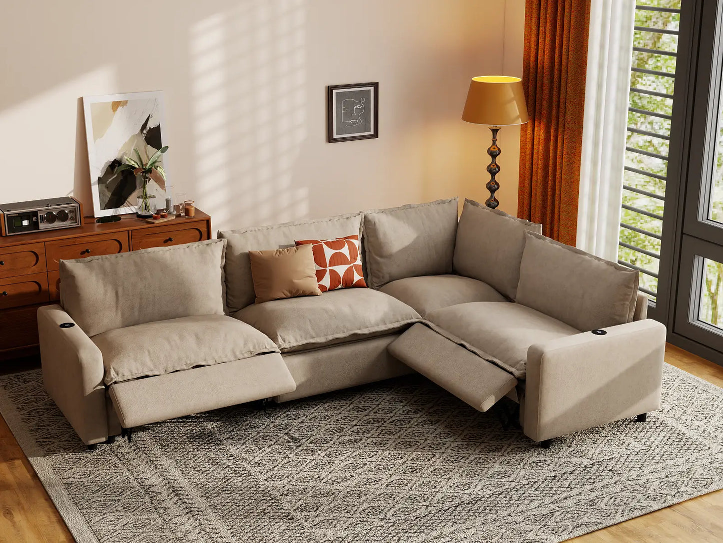 Modular Cero Reclining Sectionals | 4-Piece Khaki Linen Large Space L-Shaped Sectionals 4-Seater