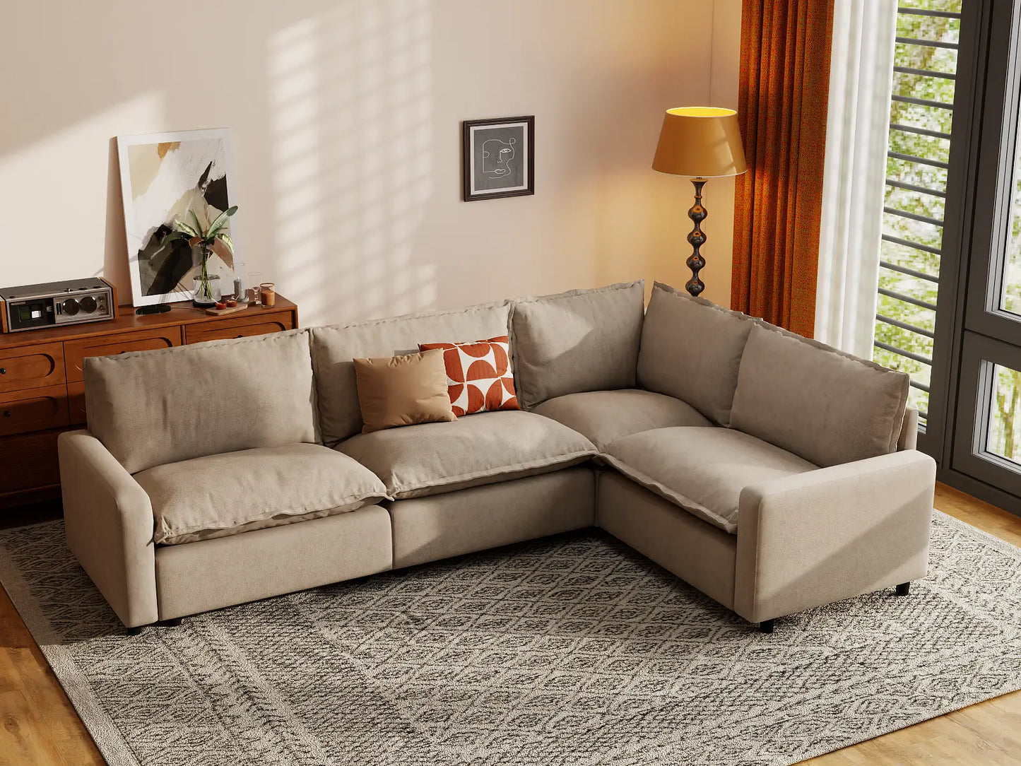 Modular Cero Modular Sectionals | 4-Piece Khaki Linen Large Space L-Shaped Sectionals 4-Seater