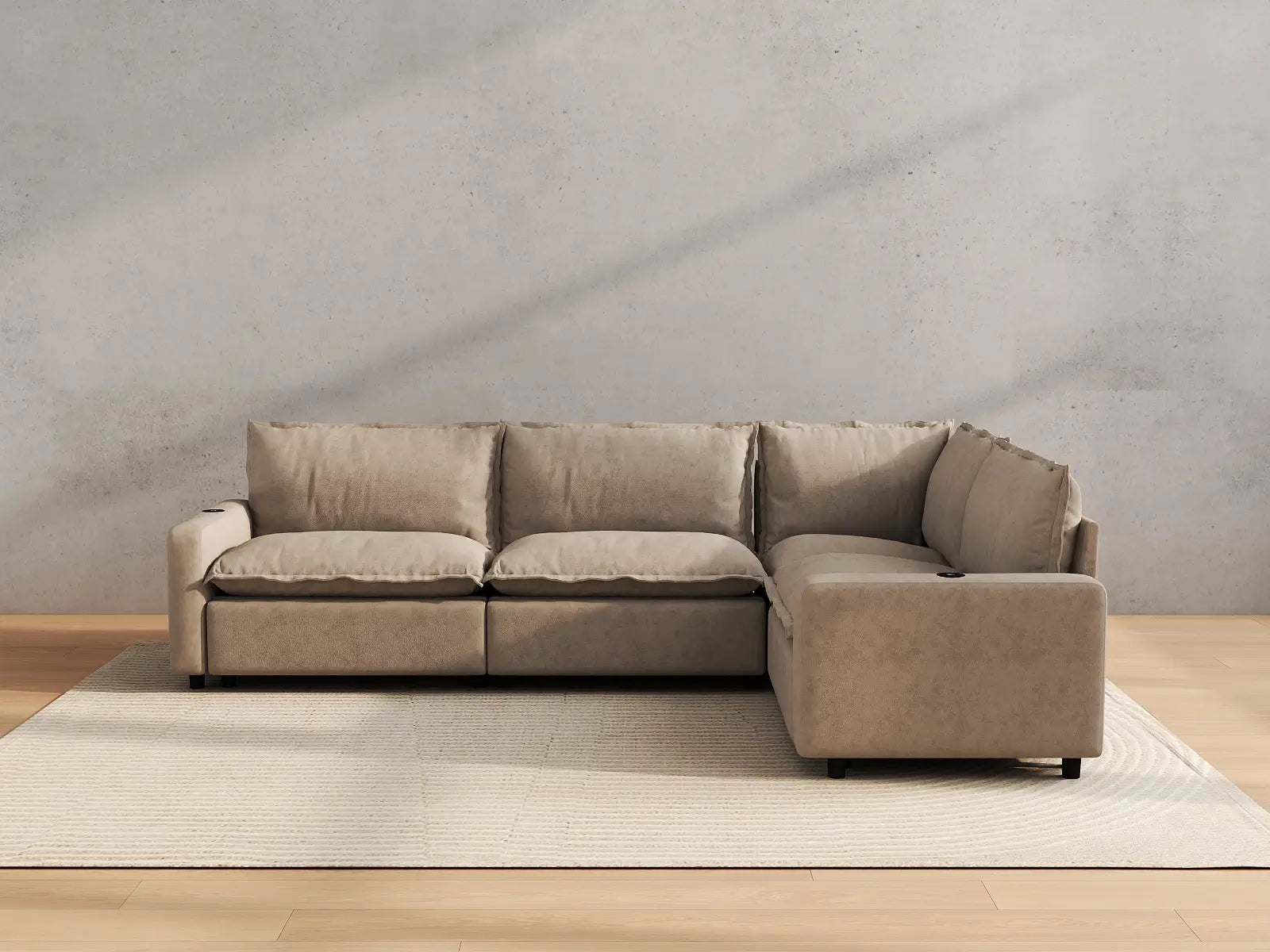 Modular Cero Sectional Reclining Sofa | 4-Piece Khaki Linen Large Space L-Shaped Sectionals 4-Seater