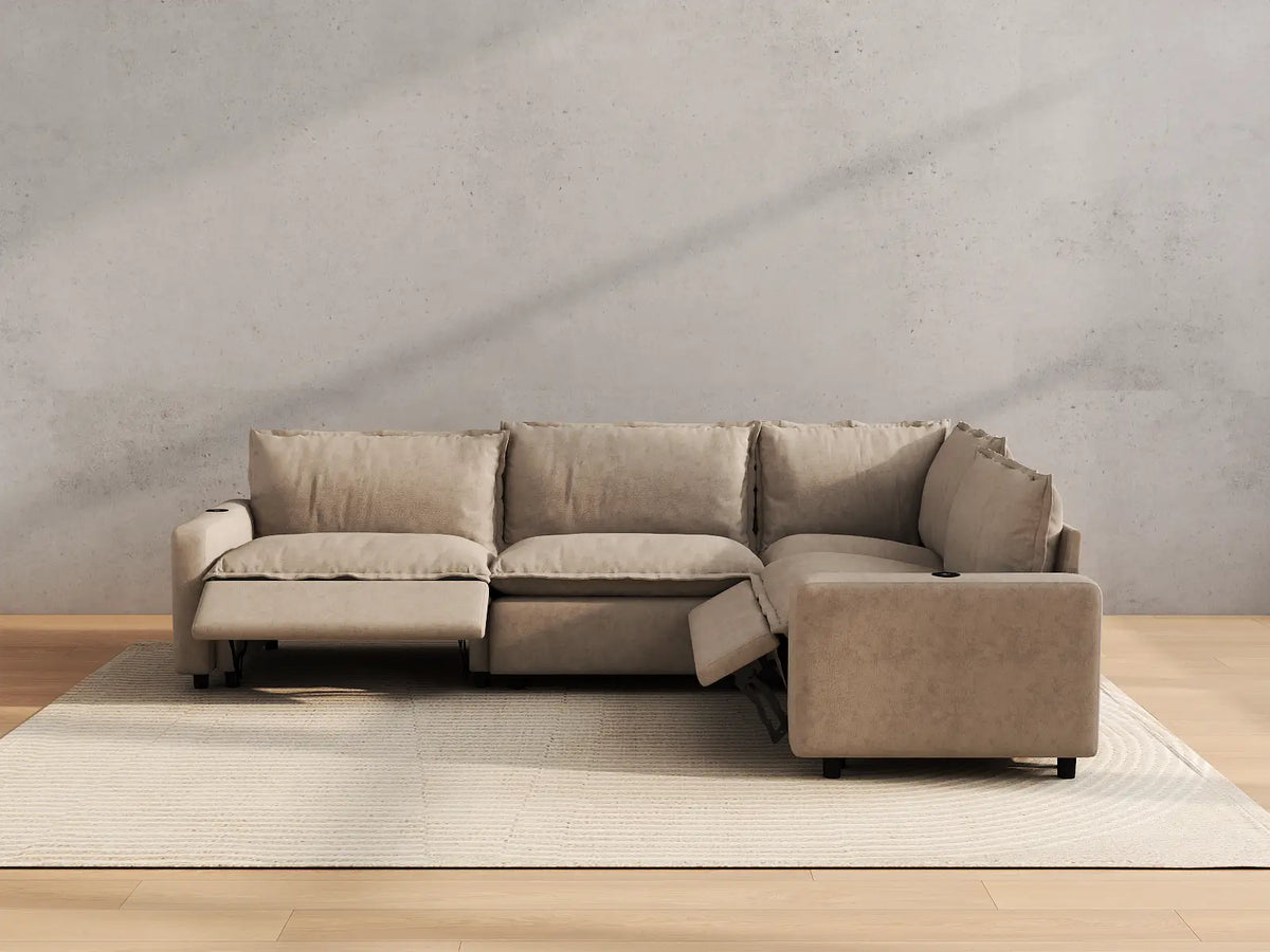 Modular Cero Sectional Recliner | 4-Piece Khaki Linen Large Space L-Shaped Sectionals 4-Seater