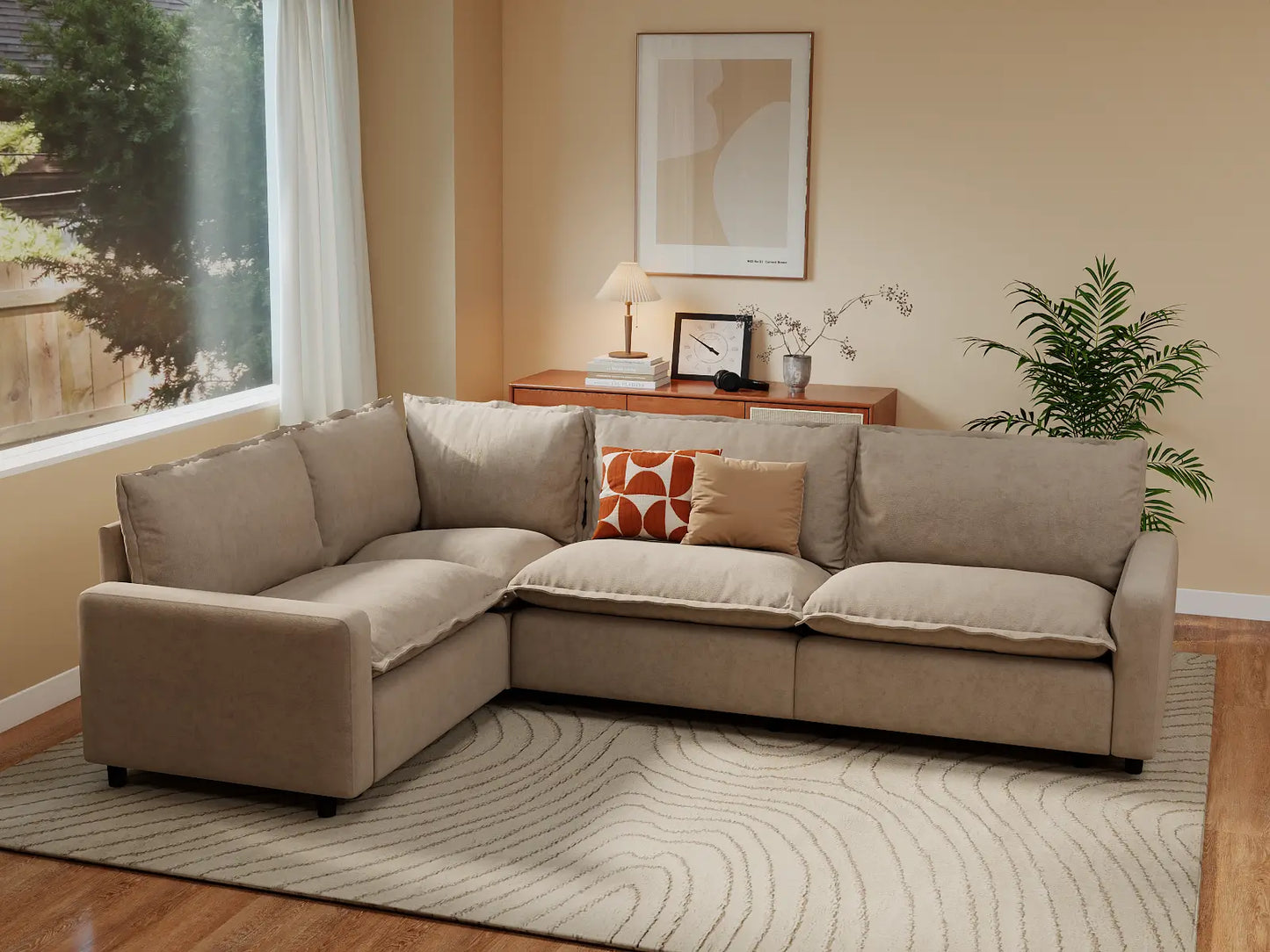 Modular Cero Modular Sectionals | 4-Piece Khaki Linen Large Space L-Shaped Sectionals 4-Seater