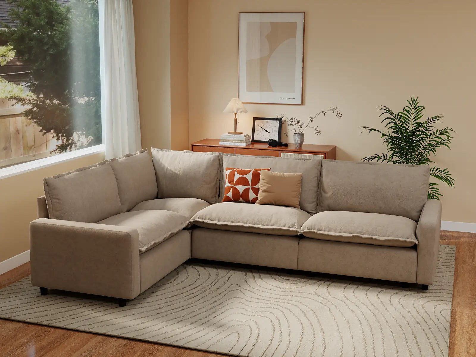 Modular Cero Cloud Modular Sectional | 4-Piece Khaki Linen Large Space L-Shaped Sectionals 4-Seater