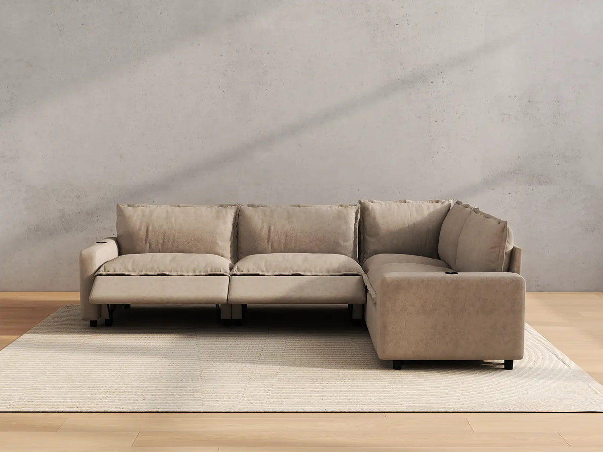 Modular Cero Reclining Sectionals | 4-Piece Khaki Linen Large Space L-Shaped Sectionals 4-Seater