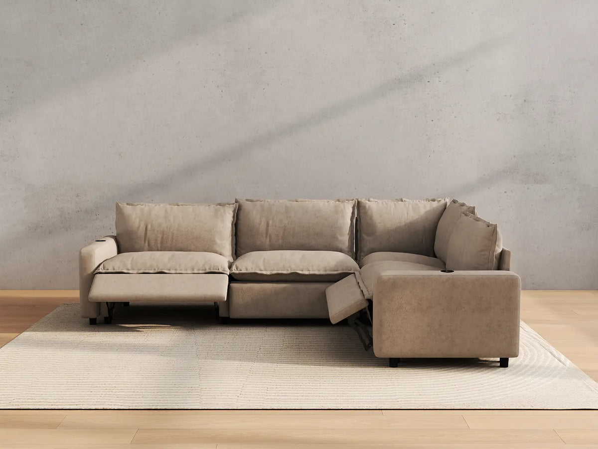Modular Cero Reclining Sectionals | 4-Piece Khaki Linen Large Space L-Shaped Sectionals 4-Seater