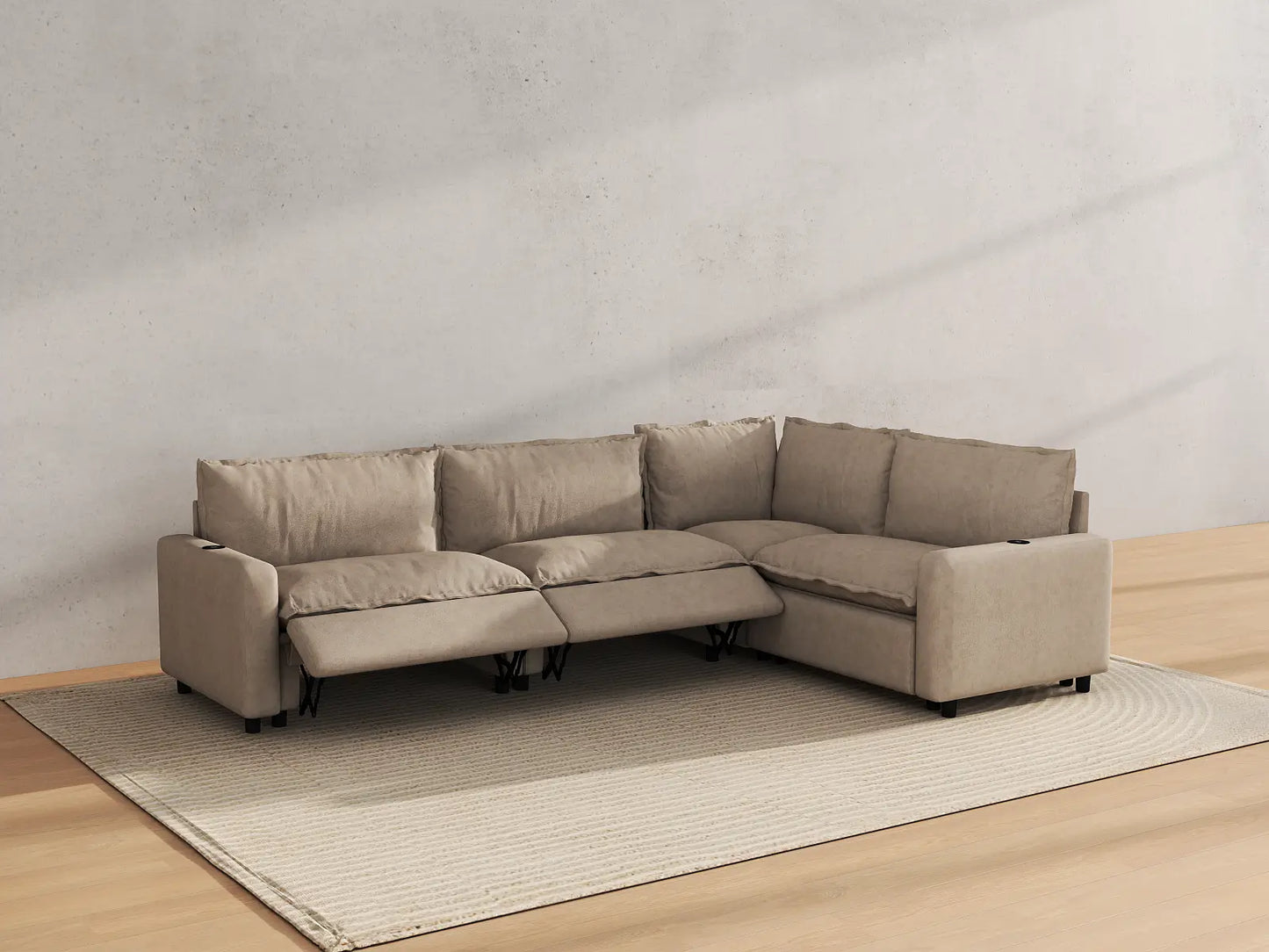 Modular Cero Reclining Sectionals | 4-Piece Khaki Linen Large Space L-Shaped Sectionals 4-Seater
