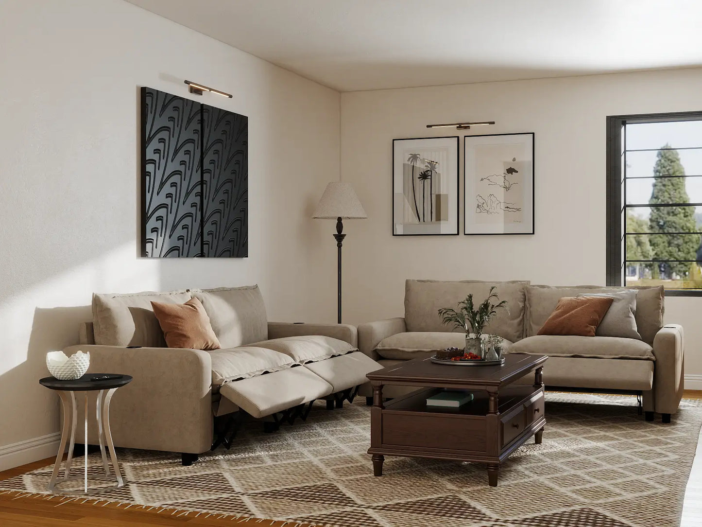 Modular Cero Reclining Sectionals | 4-Piece Khaki Linen Large Space V-Shaped Sectionals 4-Seater