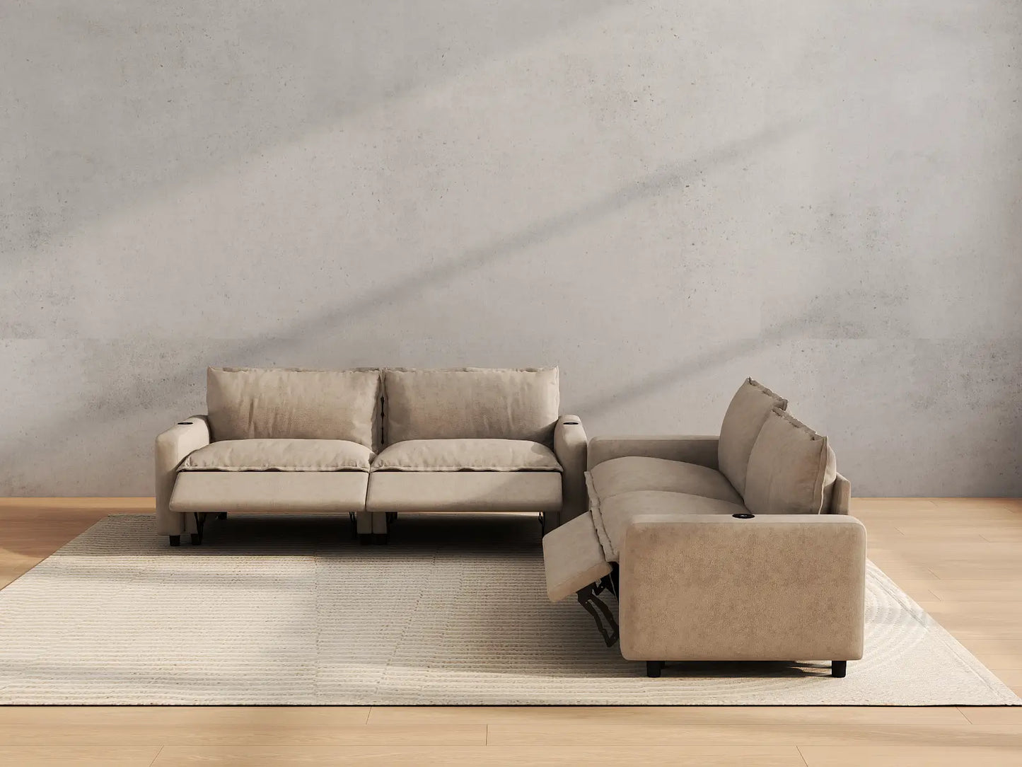Modular Cero Reclining Sectionals | 4-Piece Khaki Linen Large Space V-Shaped Sectionals 4-Seater