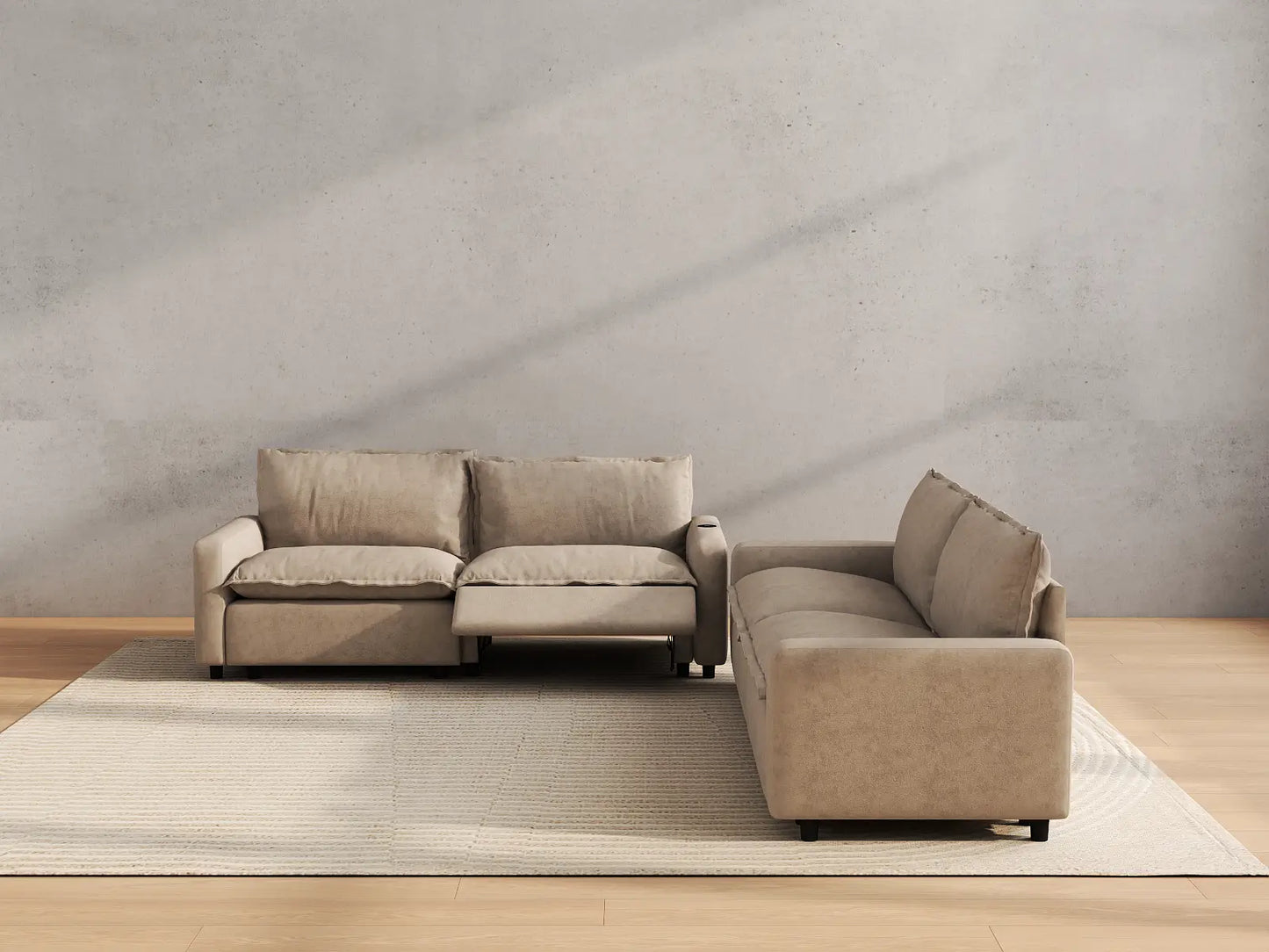 Modular Cero Reclining Sectionals | 4-Piece Khaki Linen Large Space V-Shaped Sectionals 4-Seater