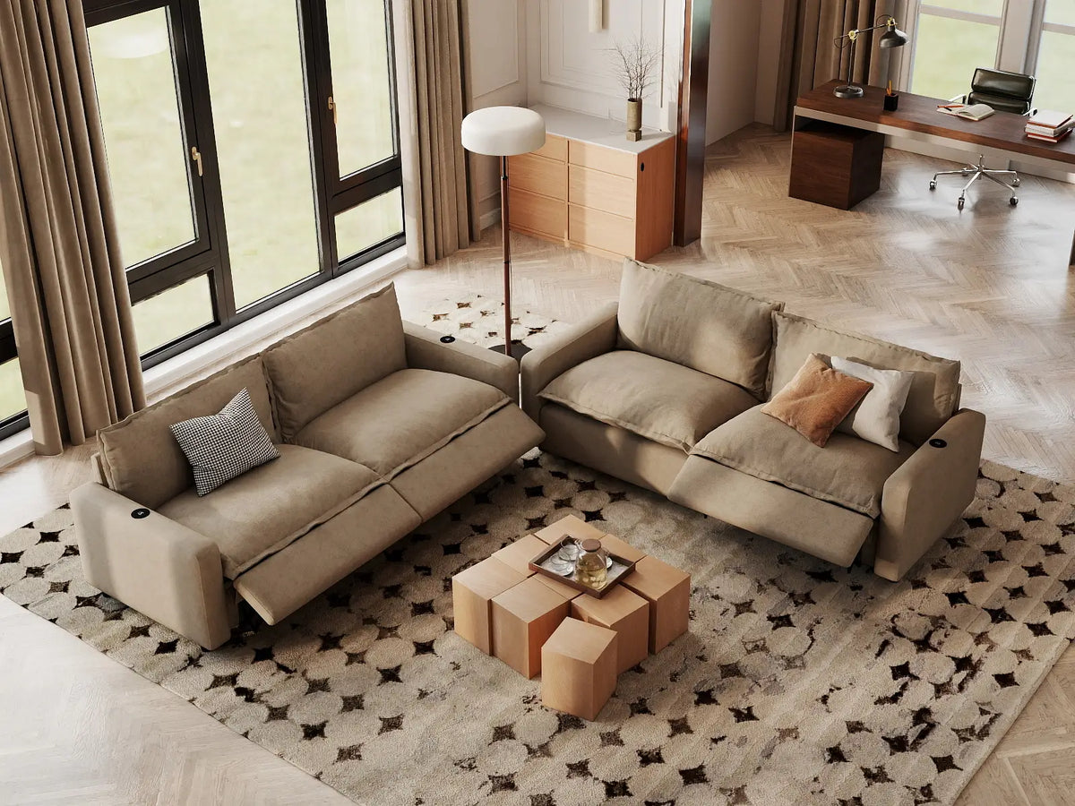 Modular Cero Reclining Sectionals | 4-Piece Khaki Linen Large Space V-Shaped Sectionals 4-Seater