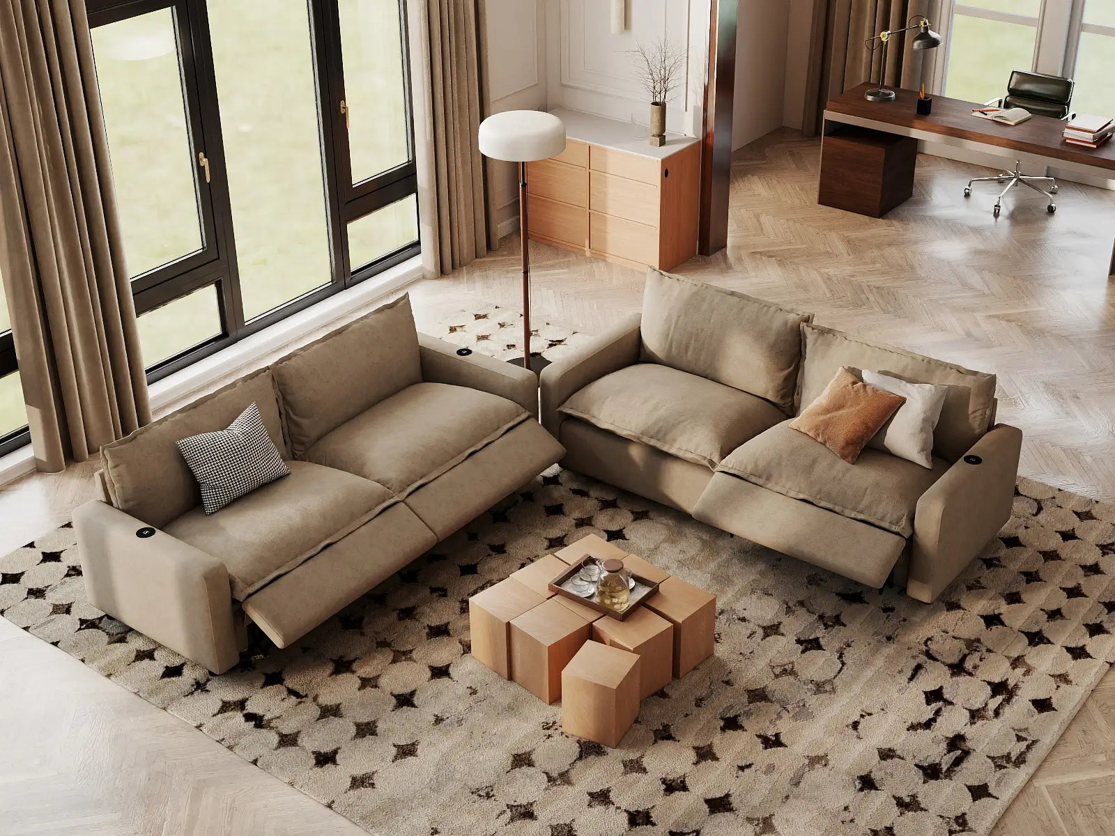 Modular Cero Recliner Sectional Sofa | 4-Piece Khaki Linen Large Space V-Shaped Sectionals 4-Seater