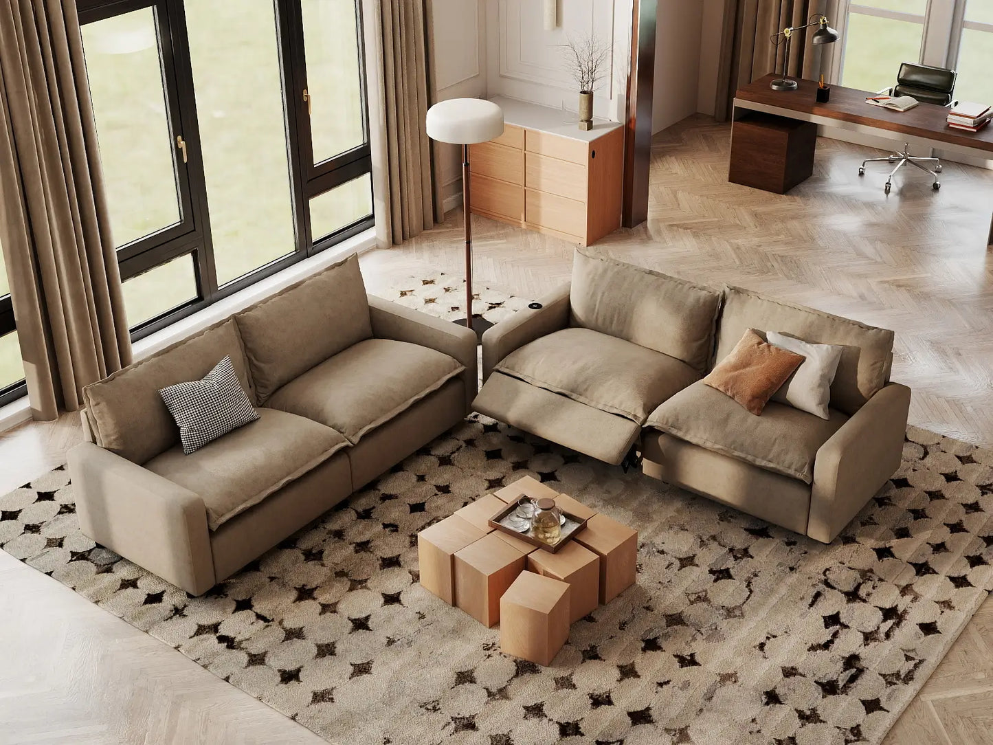 Modular Cero Reclining Sectionals | 4-Piece Khaki Linen Large Space V-Shaped Sectionals 4-Seater