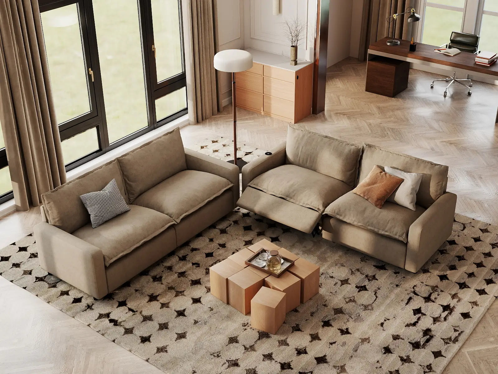 Modular Cero Sectional with Recliner | 4-Piece Khaki Linen Large Space V-Shaped Sectionals 4-Seater
