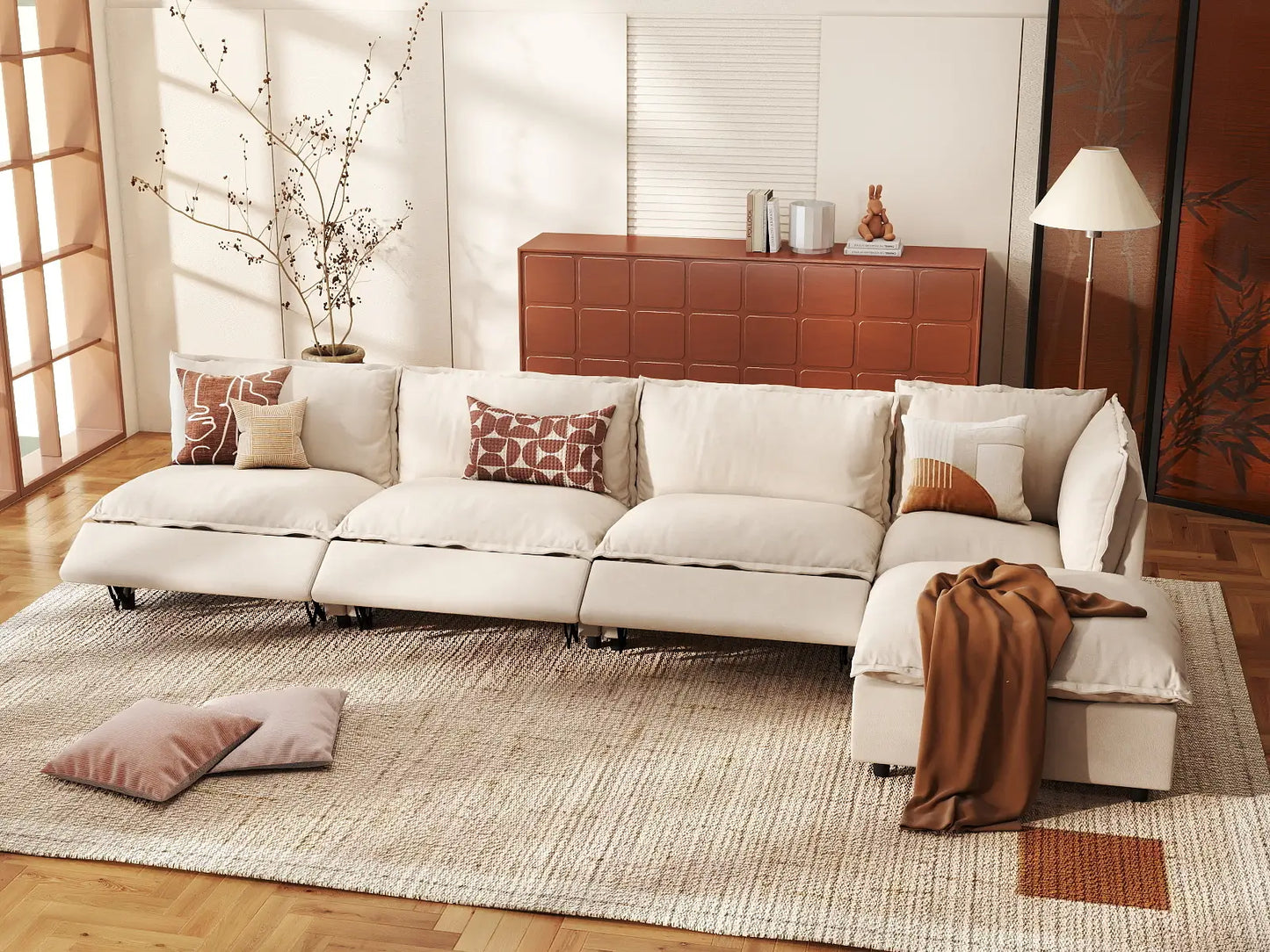 5 Piece Beige Linen Back Pain Relief L Shaped Sectionals 4 Seater with 1 Ottoman 1