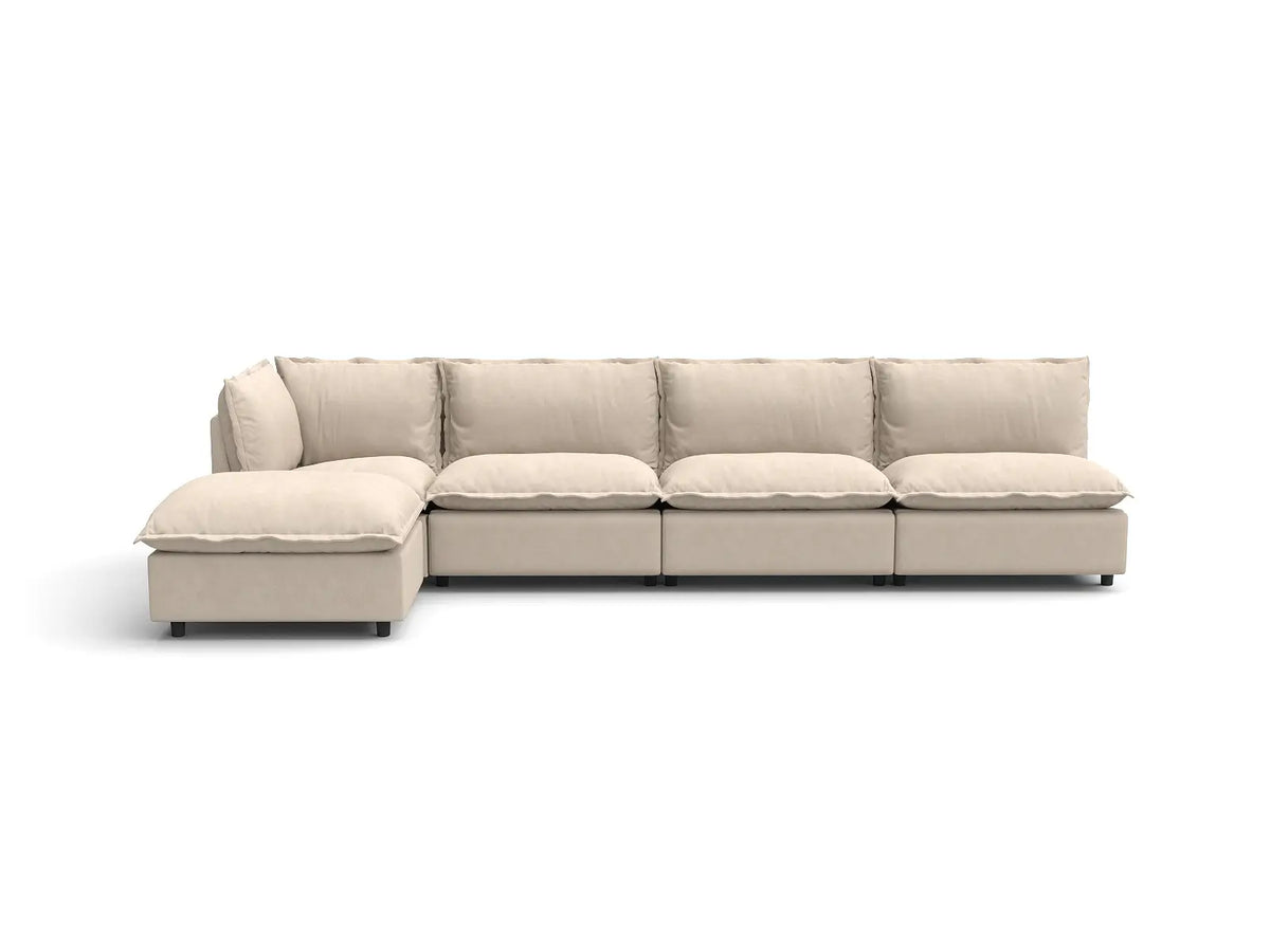 5 Piece Beige Linen Back Pain Relief L Shaped Sectionals 4 Seater with 1 Ottoman 2