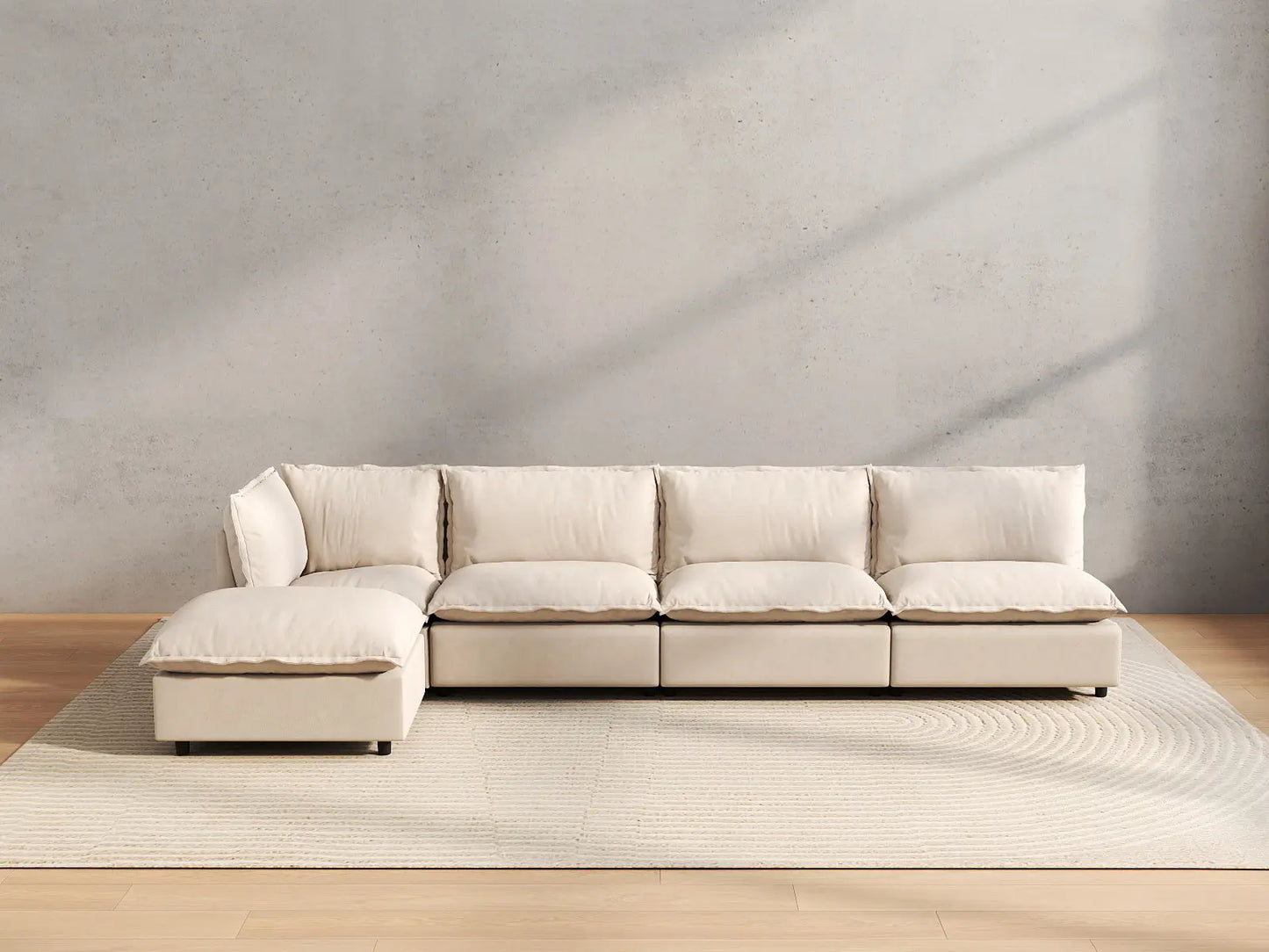 5 Piece Beige Linen Back Pain Relief L Shaped Sectionals 4 Seater with 1 Ottoman 4