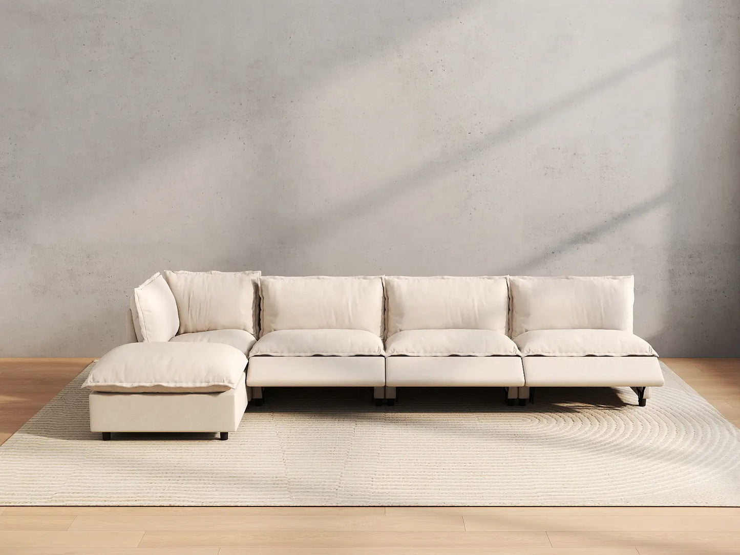 5 Piece Beige Linen Back Pain Relief L Shaped Sectionals 4 Seater with 1 Ottoman 5