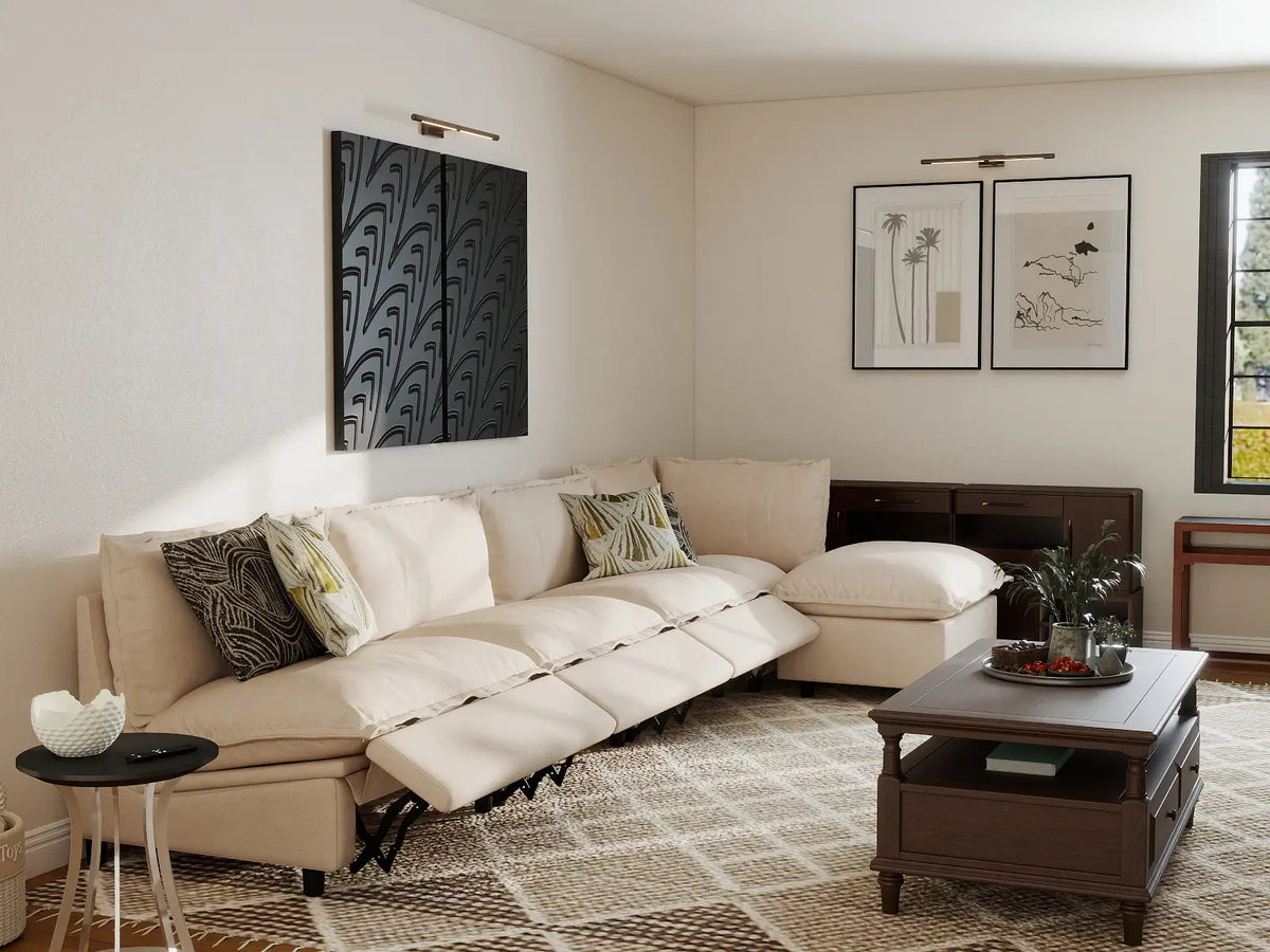 5 Piece Beige Linen Back Pain Relief L Shaped Sectionals 4 Seater with 1 Ottoman 7