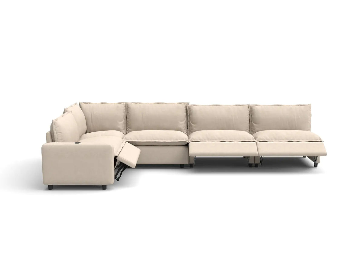 5 Piece Beige Linen Family Room L Shaped Sectionals 5 Seater 3