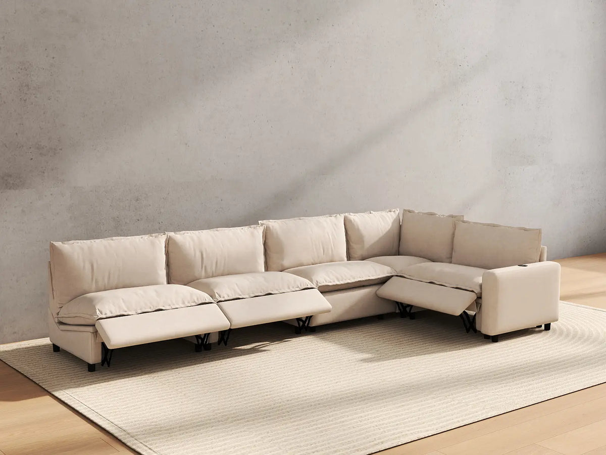 5 Piece Beige Linen Family Room L Shaped Sectionals 5 Seater 6