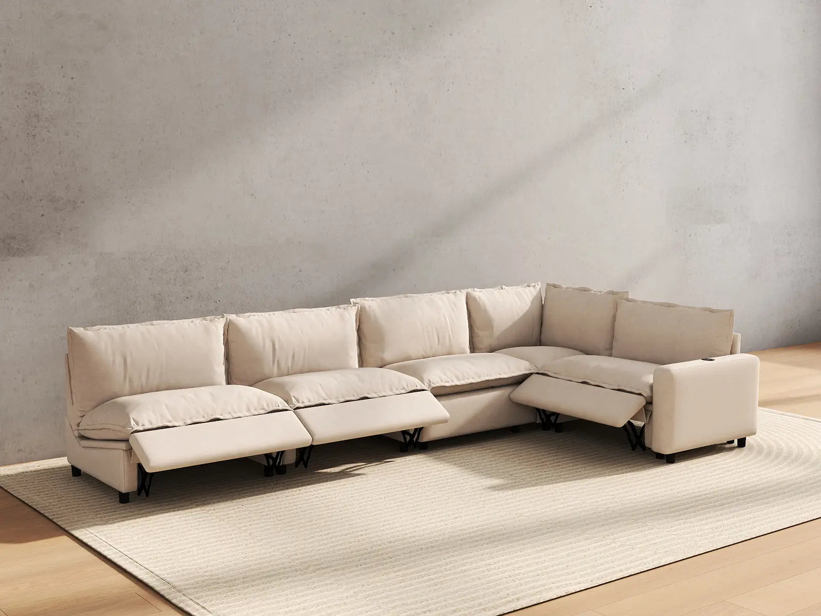 5 Piece Beige Linen Family Room L Shaped Sectionals 5 Seater 6