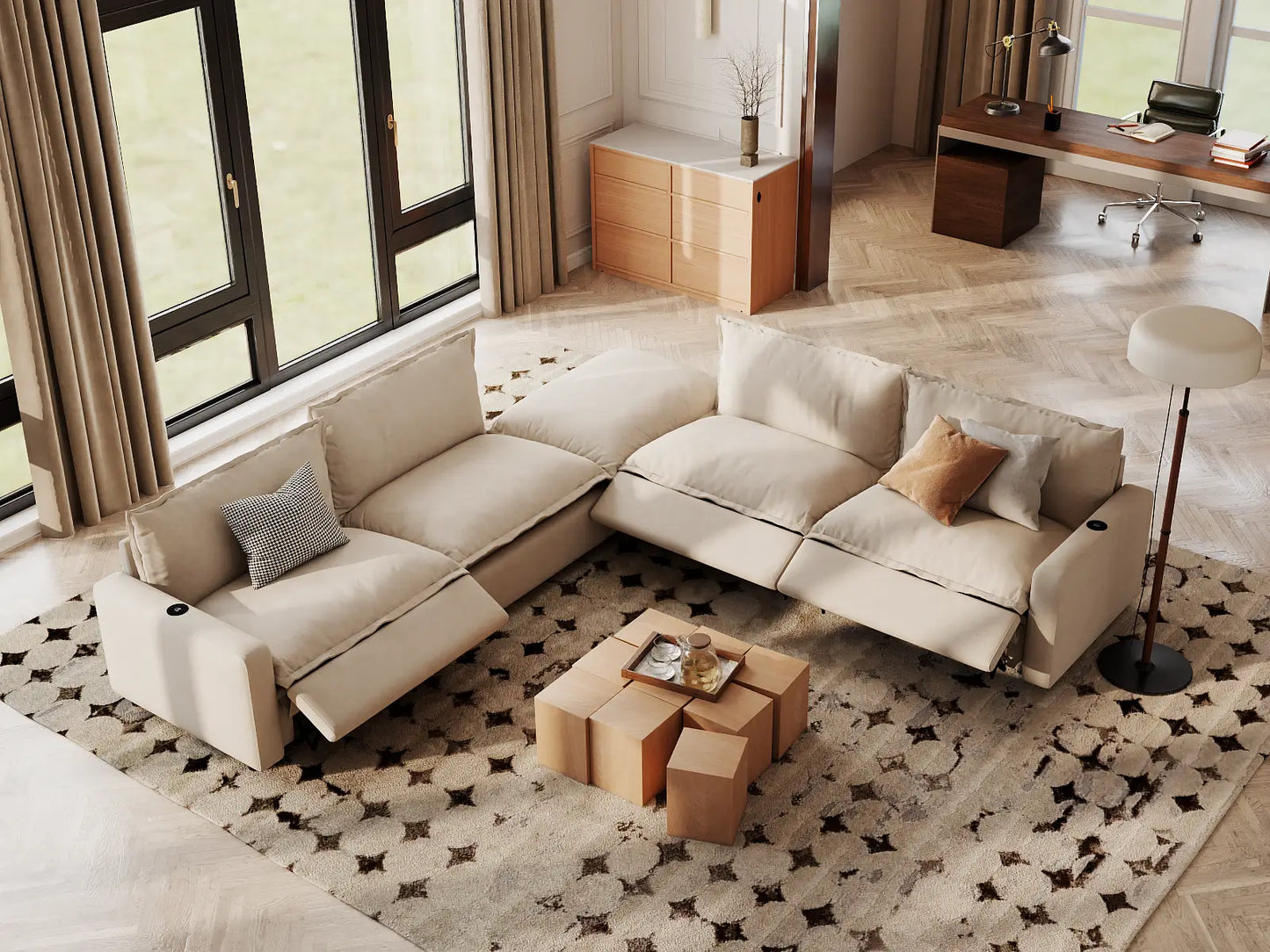 Modular Cero Reclining Sectionals | 5-Piece Beige Linen Grand Estate V-Shaped Sectionals 4-Seater with 1-Ottoman
