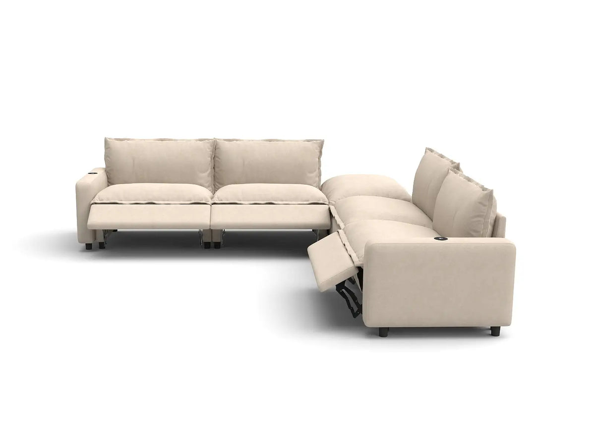 Modular Cero Reclining Sectionals | 5-Piece Beige Linen Grand Estate V-Shaped Sectionals 4-Seater with 1-Ottoman
