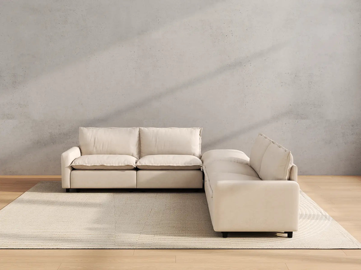 Modular Cero Modular Sectionals | 5-Piece Beige Linen Grand Estate V-Shaped Sectionals 4-Seater with 1-Ottoman