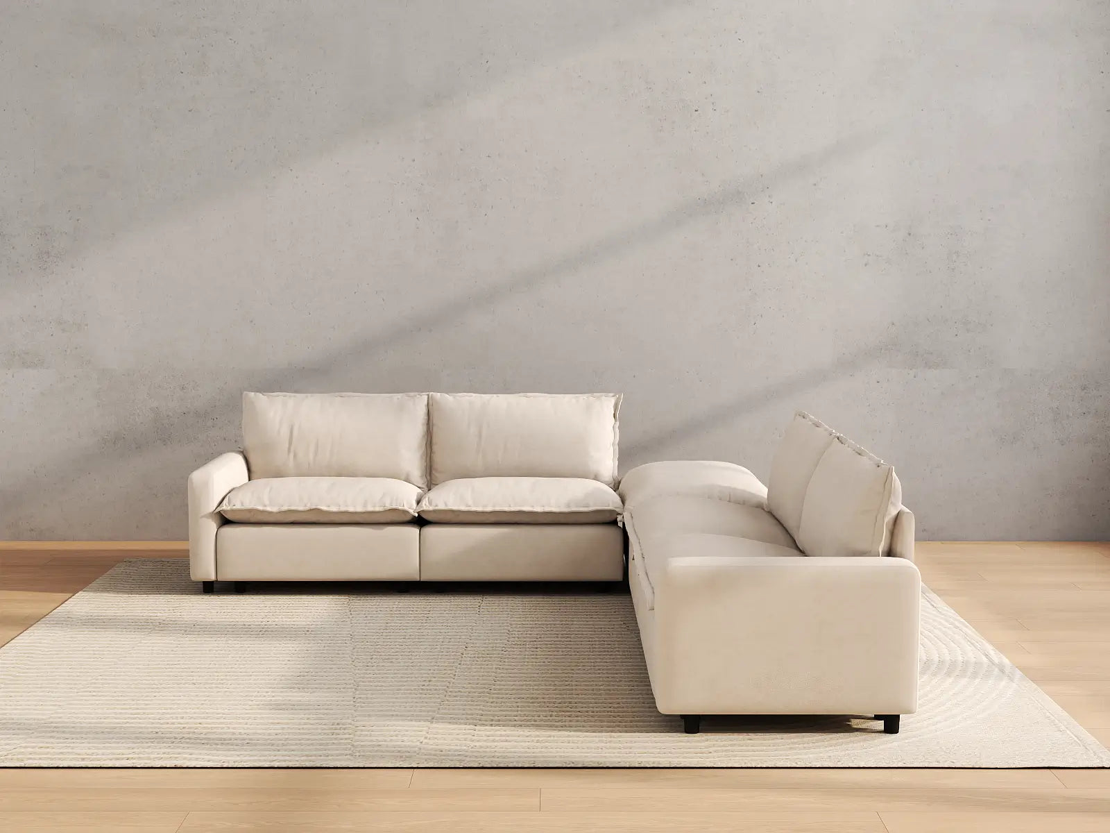 Modular Cero Modular Sectional Furniture | 5-Piece Beige Linen Grand Estate V-Shaped Sectionals 4-Seater with 1-Ottoman