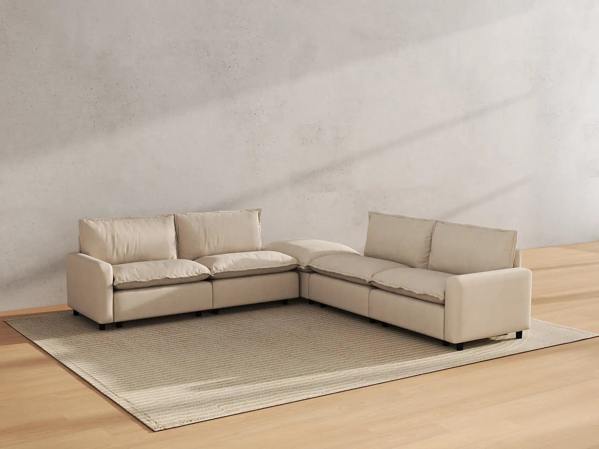 Modular Cero Modular Sectionals | 5-Piece Beige Linen Grand Estate V-Shaped Sectionals 4-Seater with 1-Ottoman