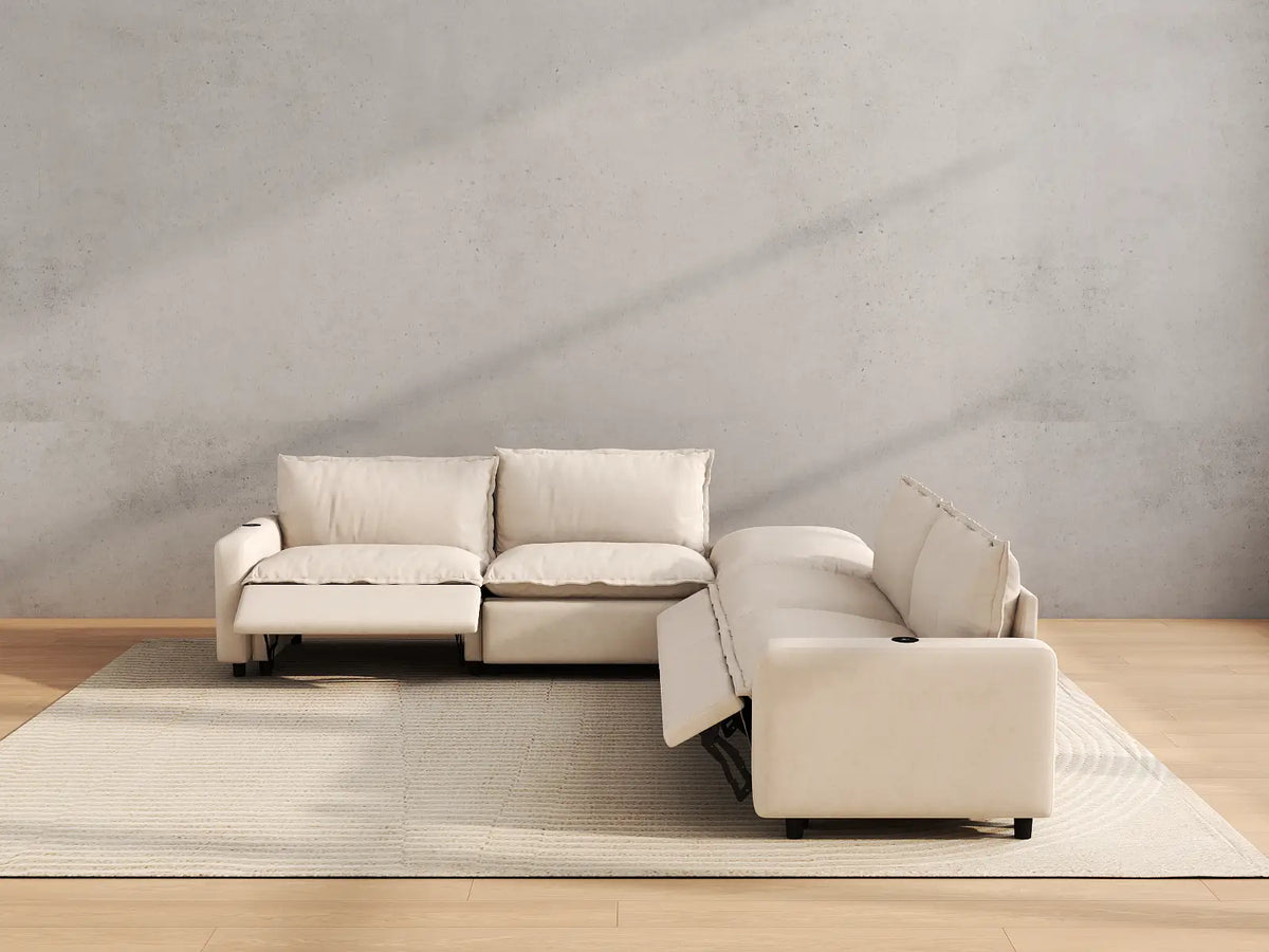 Modular Cero Reclining Sectionals | 5-Piece Beige Linen Grand Estate V-Shaped Sectionals 4-Seater with 1-Ottoman
