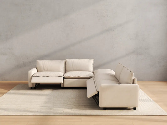 Modular Cero Reclining Sectionals | 5-Piece Beige Linen Grand Estate V-Shaped Sectionals 4-Seater with 1-Ottoman